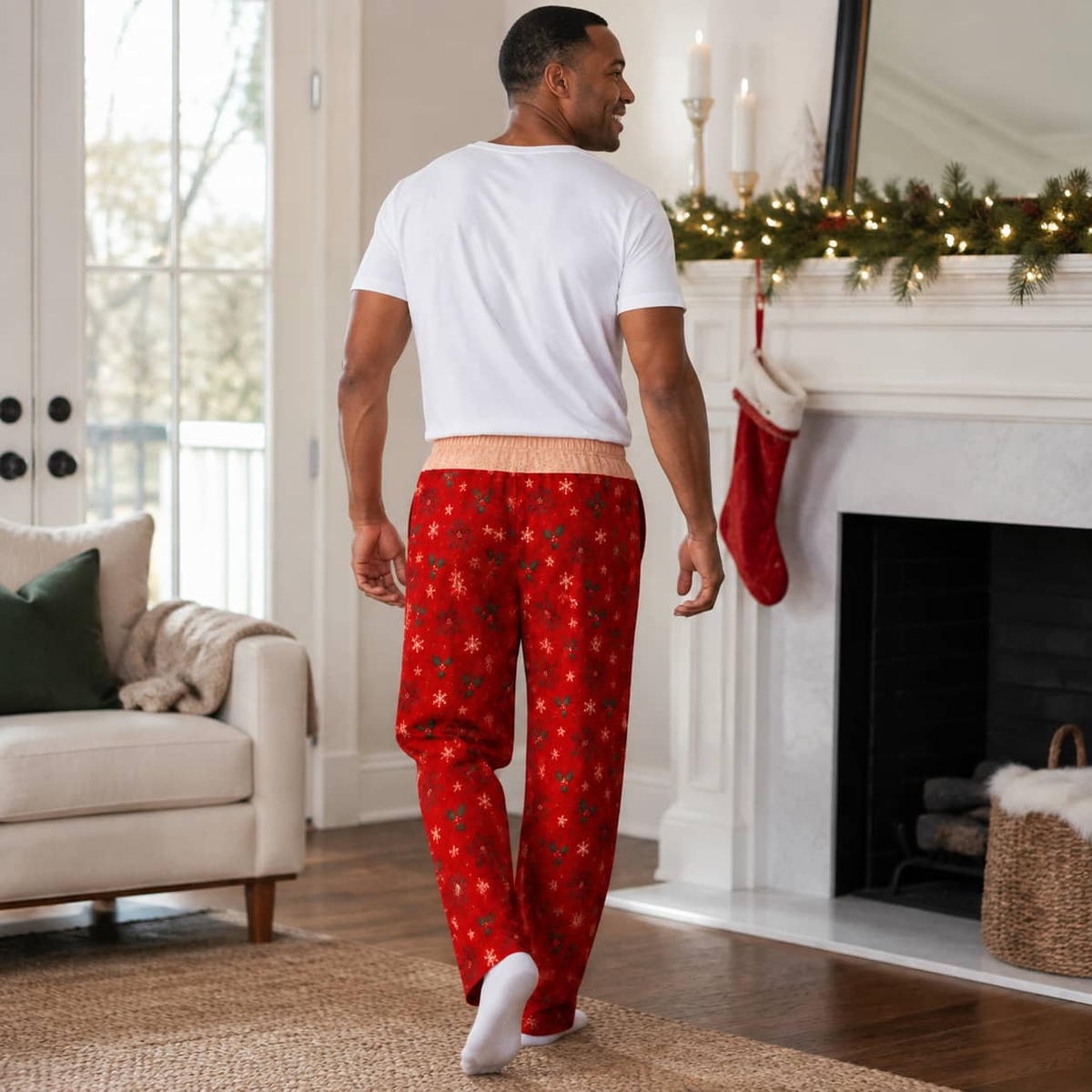 Mens Christmas Pajama Pants Novelty Zipper Print Holiday Loungewear