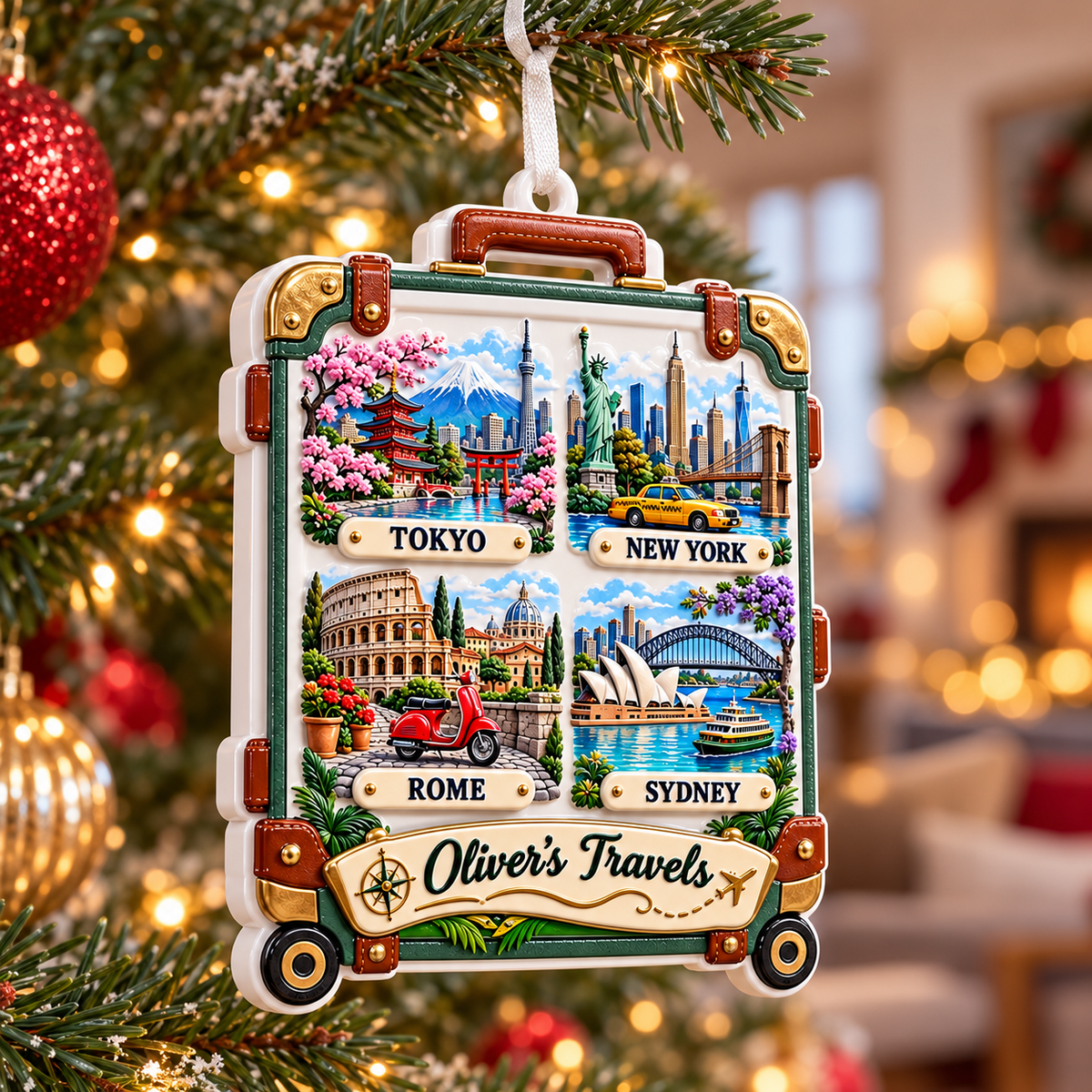 Travel Suitcase Luggage City Landmarks Hanging Holiday Keepsake - 3D Relief Ornament