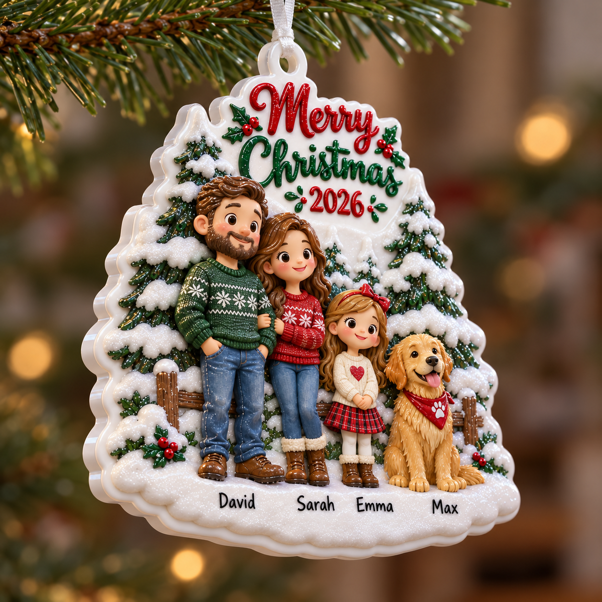 Family of Three with Dog Snowy Pine Tree Hanging Holiday Keepsake - 3D Relief Ornament