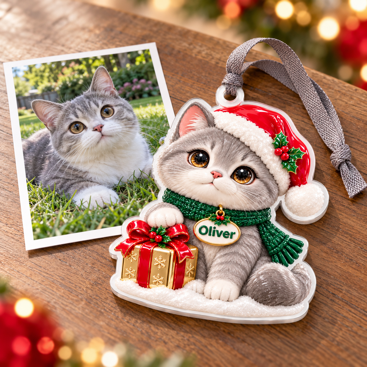 Christmas Grey Cat with Santa Hat and Holiday Present Acrylic Hanging Keepsake - 3D Relief Ornament