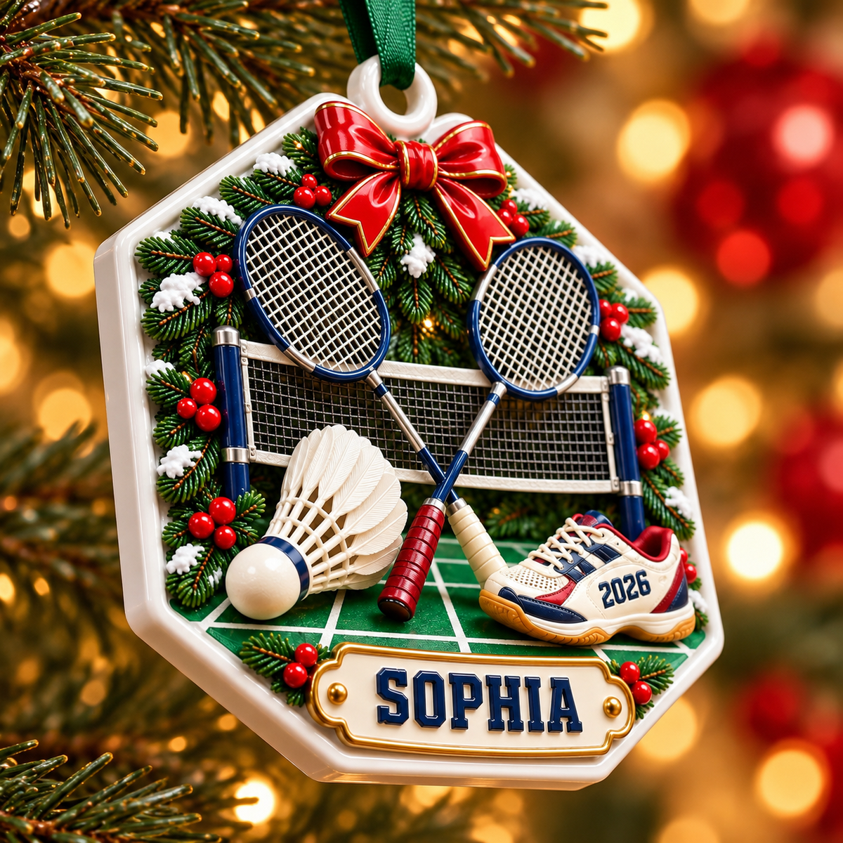 Badminton Rackets and Shuttlecock Court Hexagon Holiday Keepsake - 3D Relief Ornament