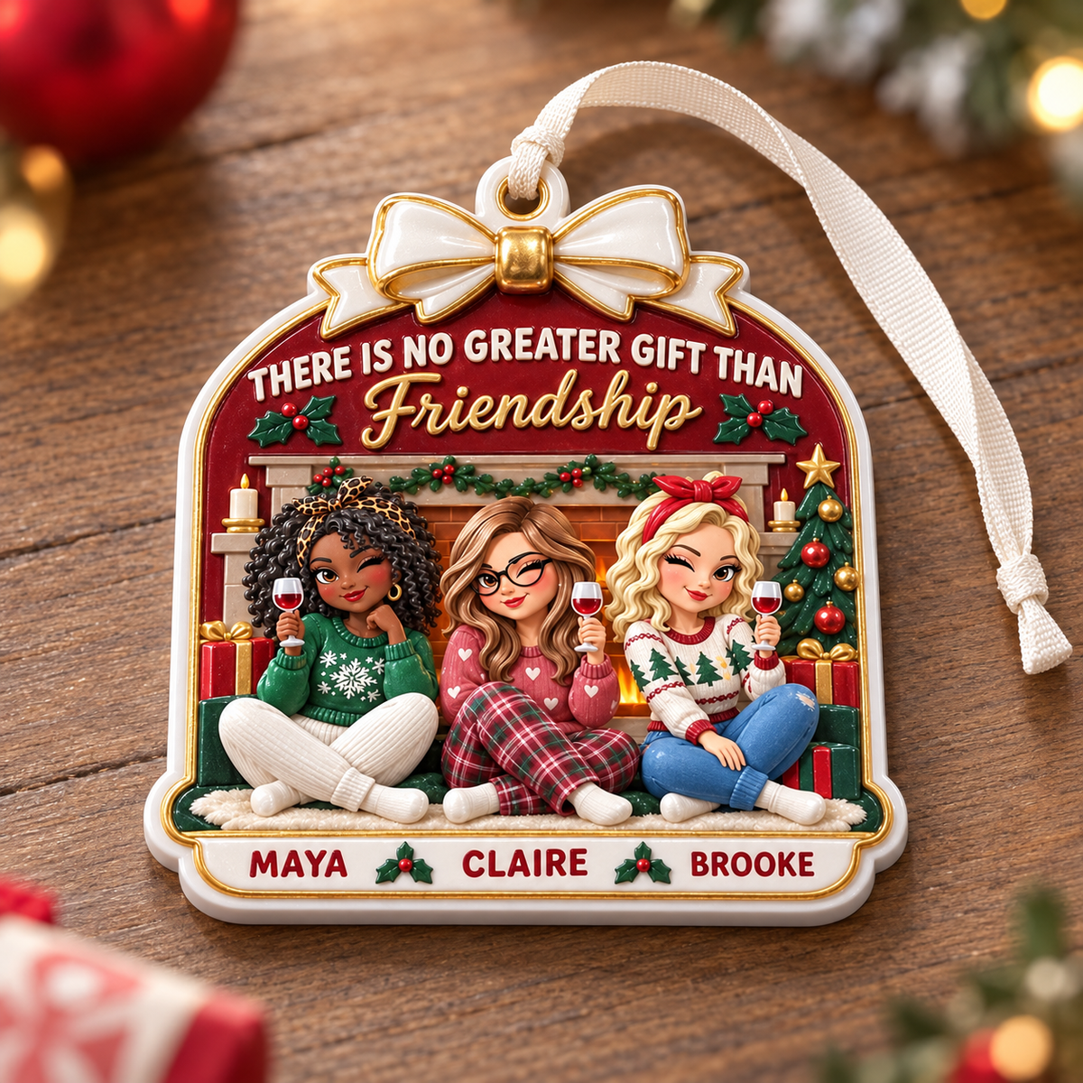Christmas Tree Hanging Plaque with Friends Wine Fireplace Scene - 3D Relief Ornament