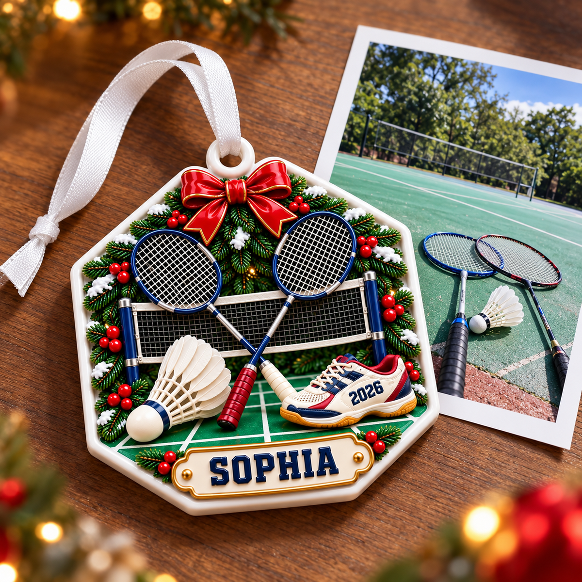 Badminton Rackets and Shuttlecock Court Hexagon Holiday Keepsake - 3D Relief Ornament