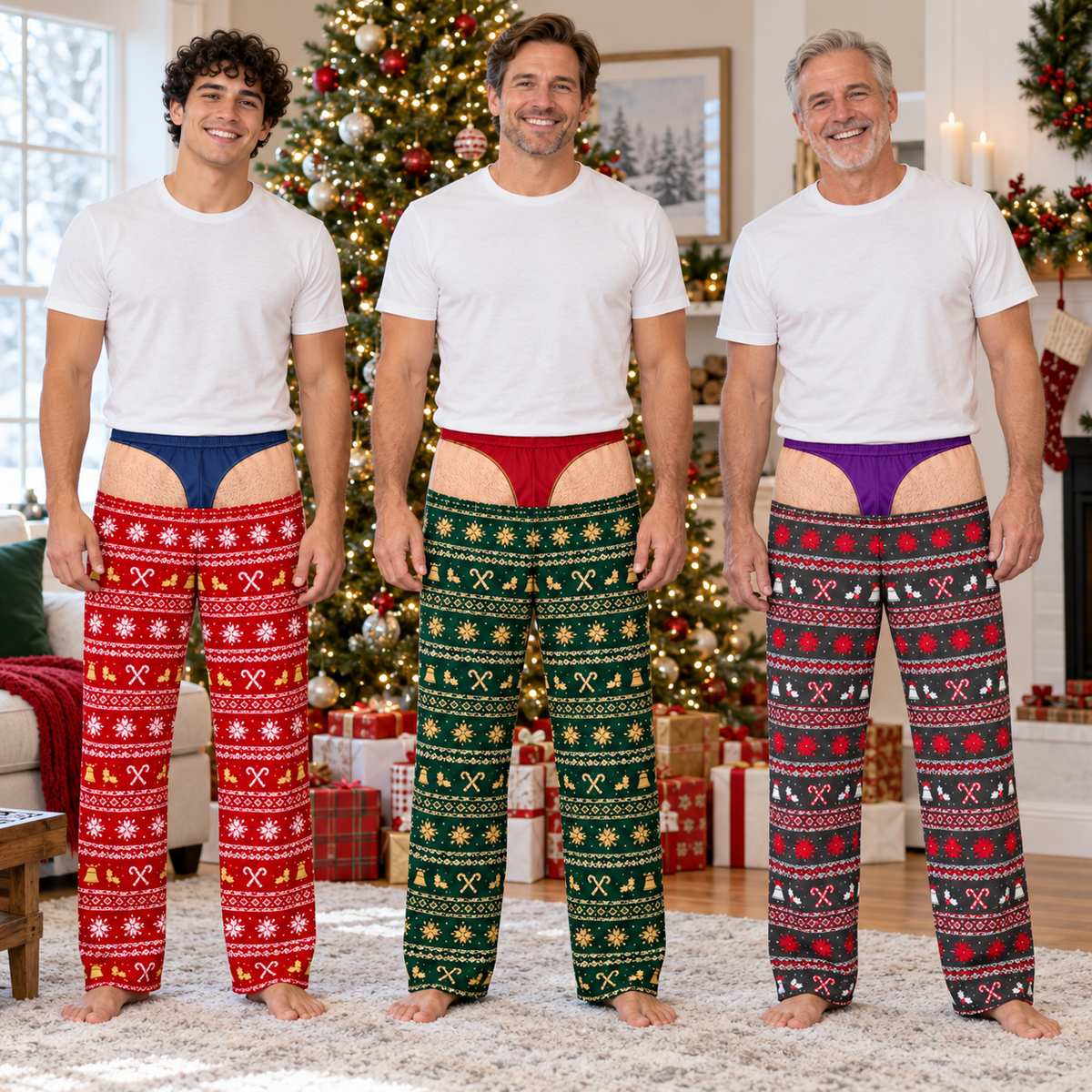 Novelty Faux Thong Christmas Pajama Pants, Graphic Holiday Loungewear