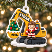 Yellow Excavator Construction Vehicle with Santa Boy and Christmas Tree - 3D Relief Ornament