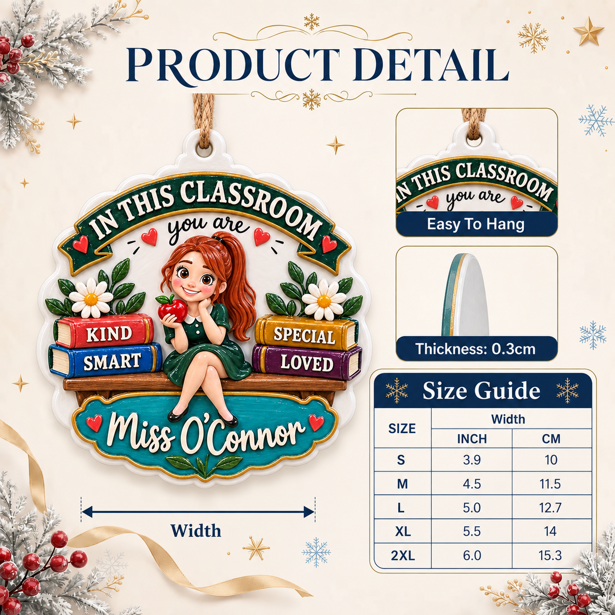 Classroom Teacher Hanging Keepsake with Stacked Books and Red Apple - 3D Relief Ornament