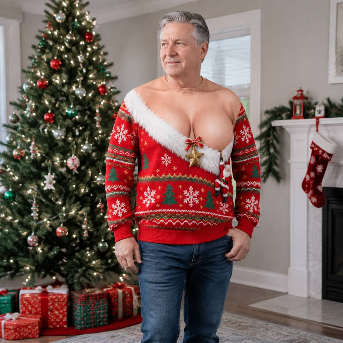 Funny Cleavage Ugly Christmas Sweatshirt, Faux Chest Holiday Top