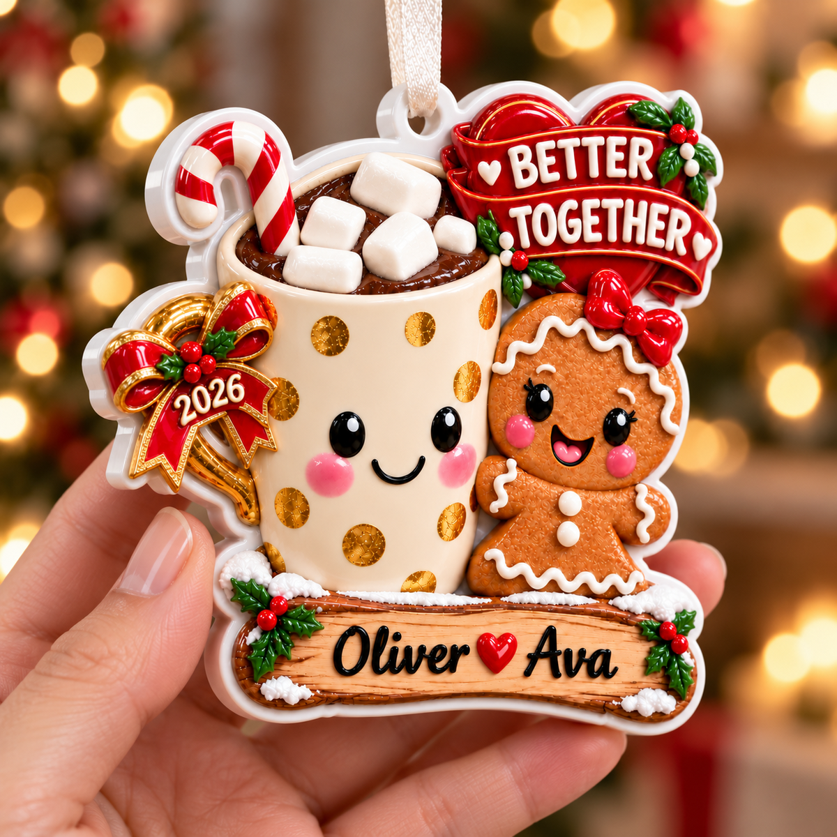 Hot Cocoa Mug and Gingerbread Couple Better Together Holiday Keepsake - 3D Relief Ornament