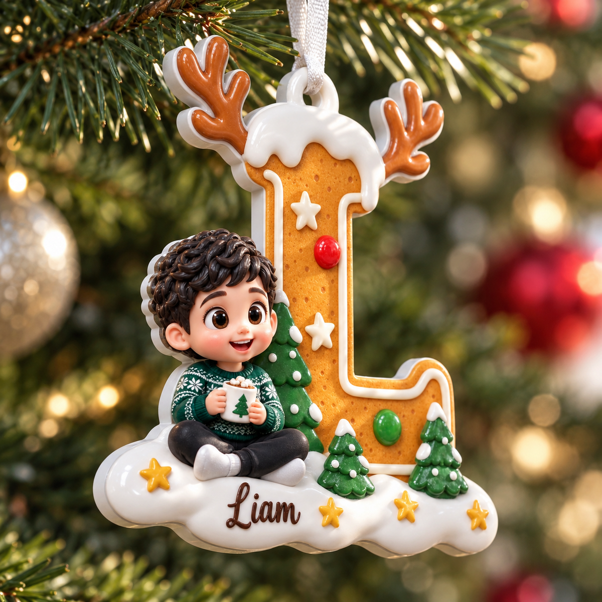 Gingerbread Letter L Holiday Tree Hanging Decor with Reindeer Antlers and Snow - 3D Relief Ornament