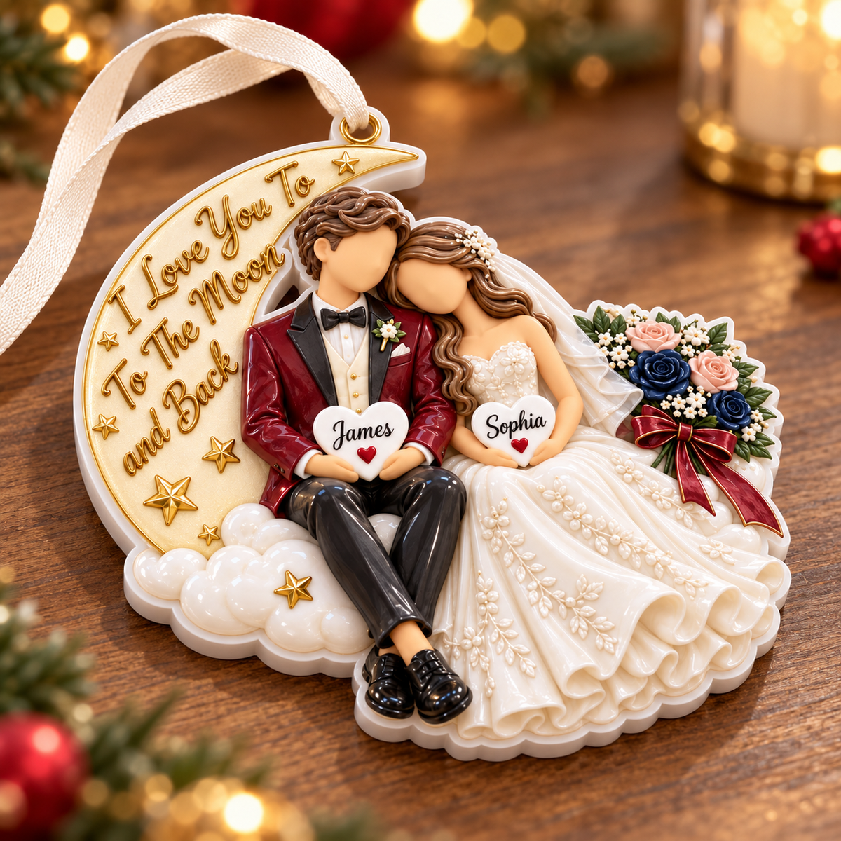 Wedding Couple on Crescent Moon Hanging Keepsake with Floral Bouquet - 3D Relief Ornament