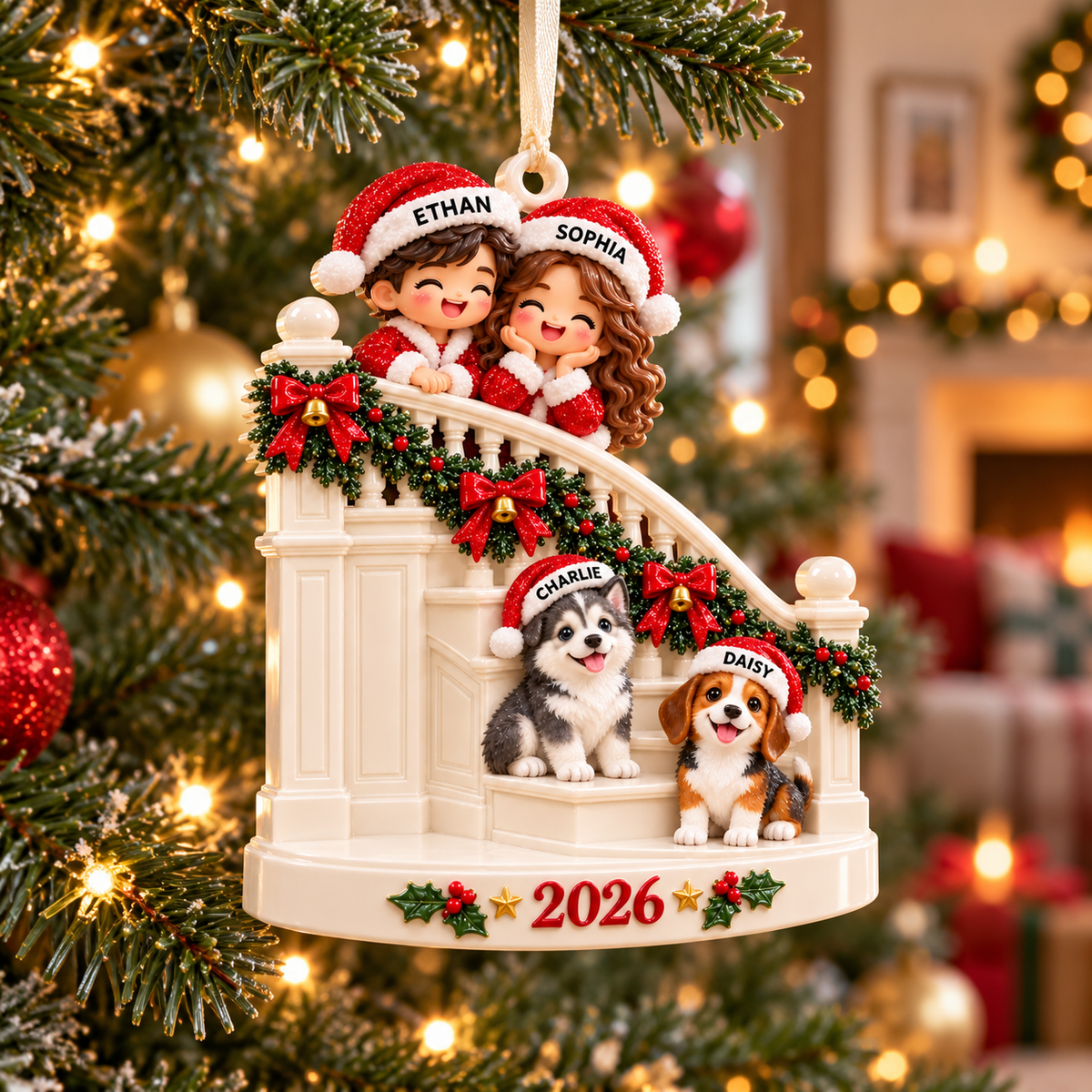 Family Couple with Two Dogs on Christmas Staircase Holiday Keepsake - 3D Relief Ornament