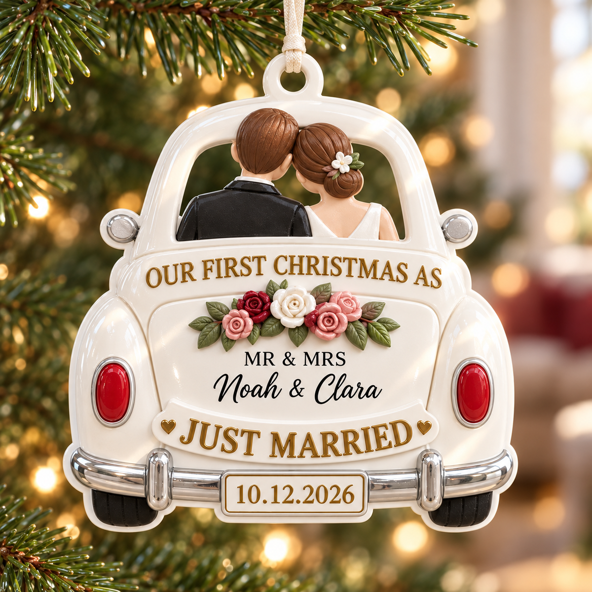 Just Married Vintage Getaway Car First Christmas Newlywed Couple Holiday Keepsake - 3D Relief Ornament