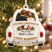 Just Married Vintage Getaway Car First Christmas Newlywed Couple Holiday Keepsake - 3D Relief Ornament
