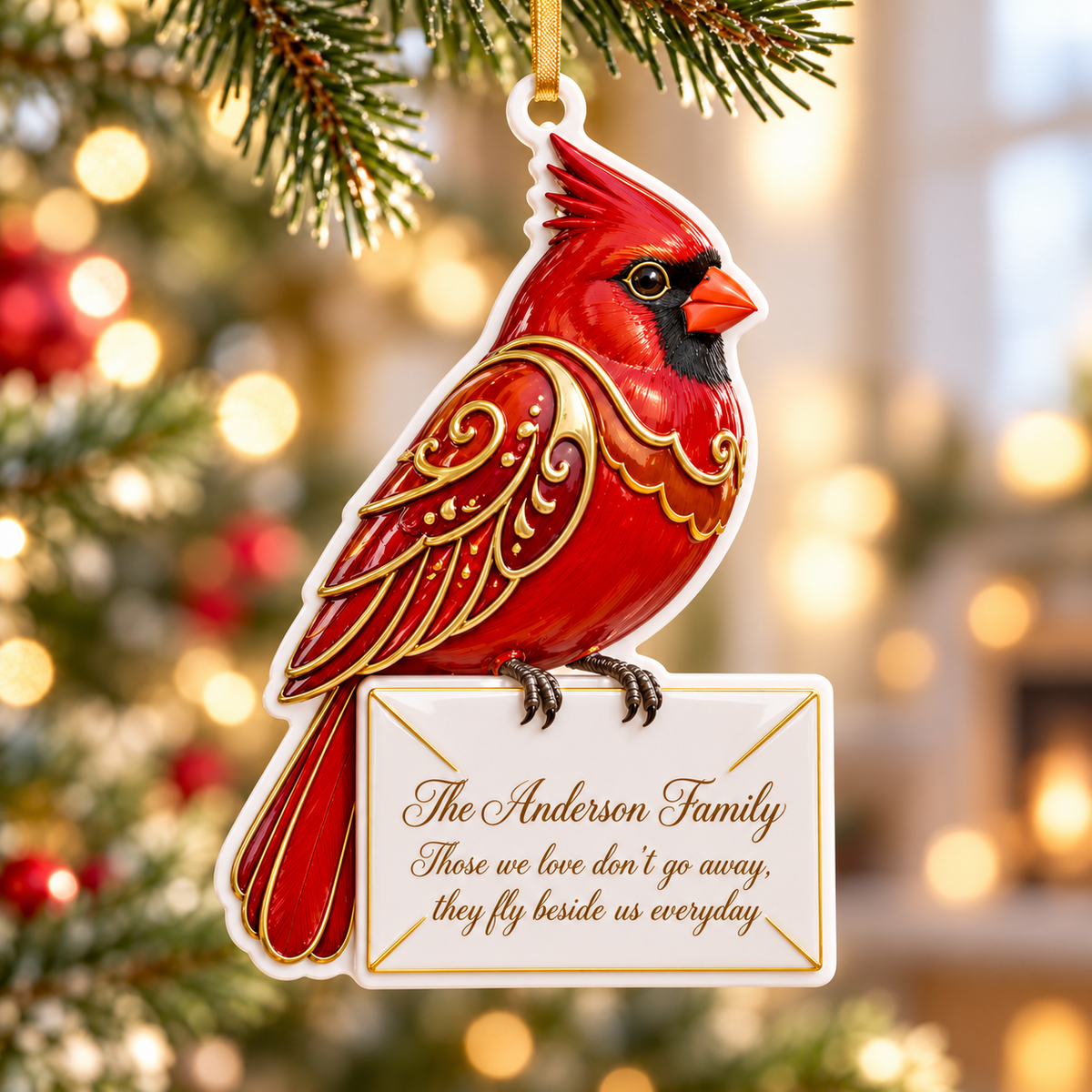 Red Cardinal Perched on Envelope Memorial Tree Hanging - 3D Relief Ornament