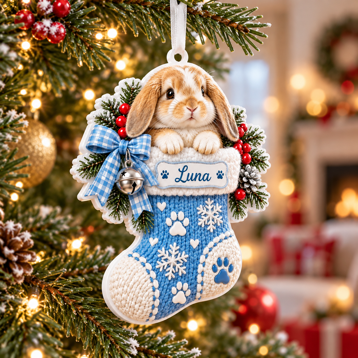 Lop Eared Bunny in Knitted Christmas Stocking Acrylic Holiday Decor - 3D Relief Ornament