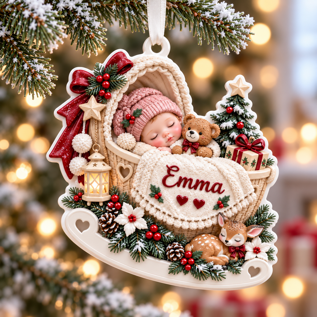 Sleeping Baby in Rocking Cradle with Woodland Fawn and Pine Accents - 3D Relief Ornament