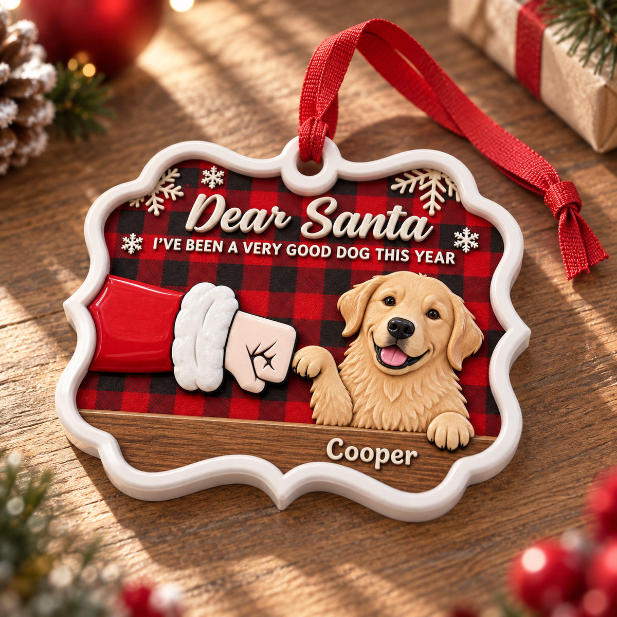 Golden Retriever Santa Fist Bump Red Plaid Holiday Tree Plaque - 3D Relief Ornament