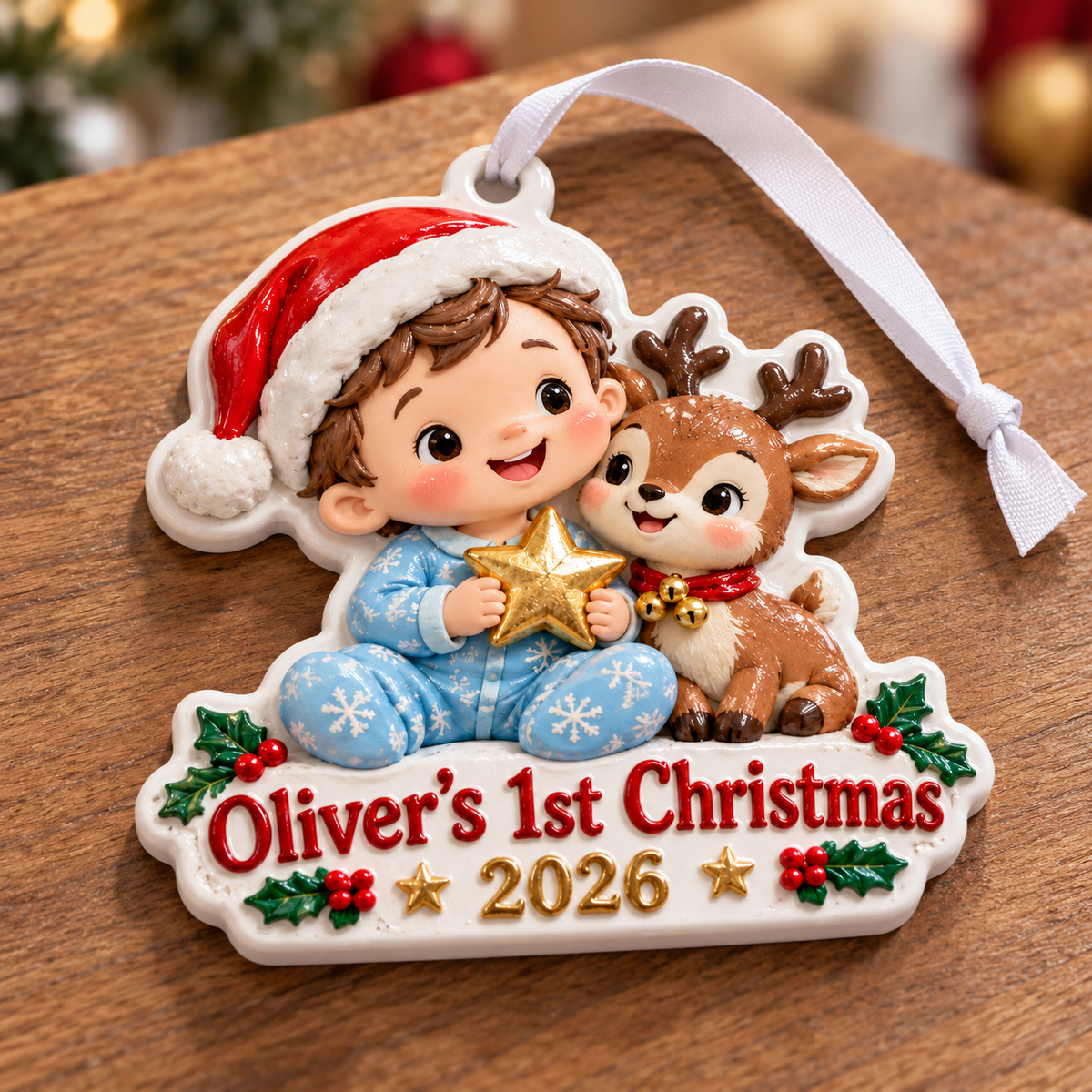 Baby Boy First Christmas Keepsake with Reindeer and Santa Hat - 3D Relief Ornament