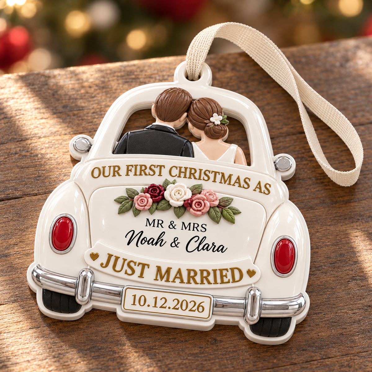 Just Married Vintage Getaway Car First Christmas Newlywed Couple Holiday Keepsake - 3D Relief Ornament