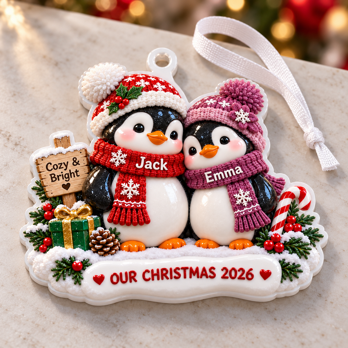 Winter Penguin Couple Holiday Keepsake with Knit Beanies and Snow Base - 3D Relief Ornament