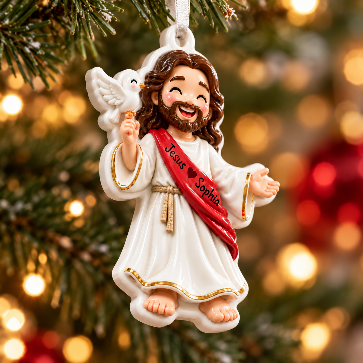 Cartoon Jesus Holding White Dove Ceramic Style Holiday Keepsake - 3D Relief Ornament