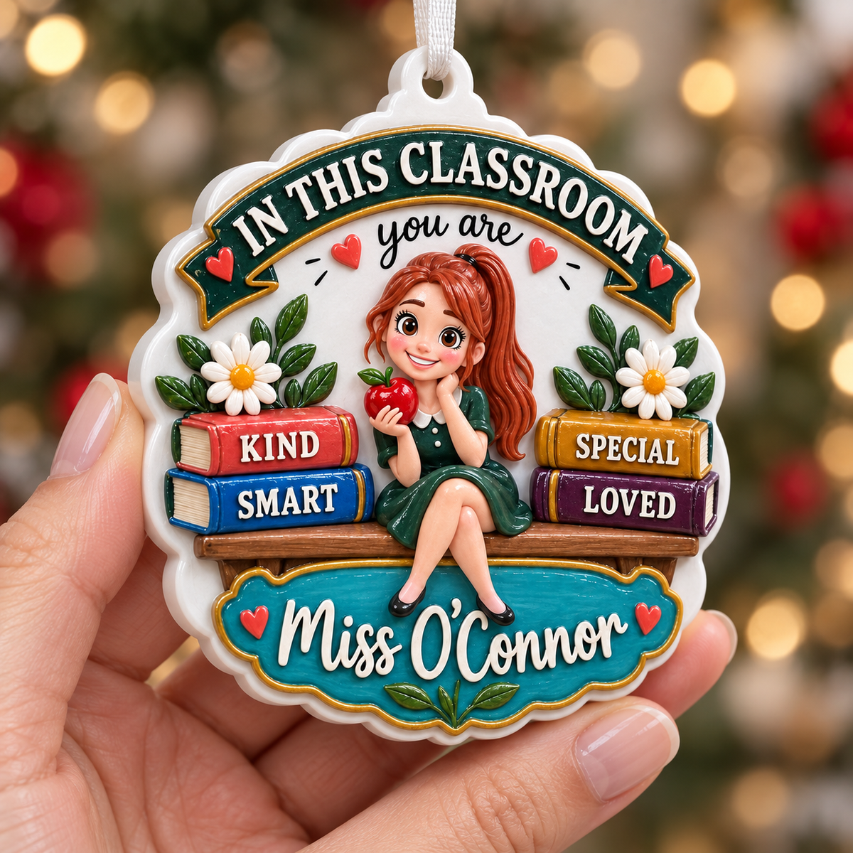 Classroom Teacher Hanging Keepsake with Stacked Books and Red Apple - 3D Relief Ornament