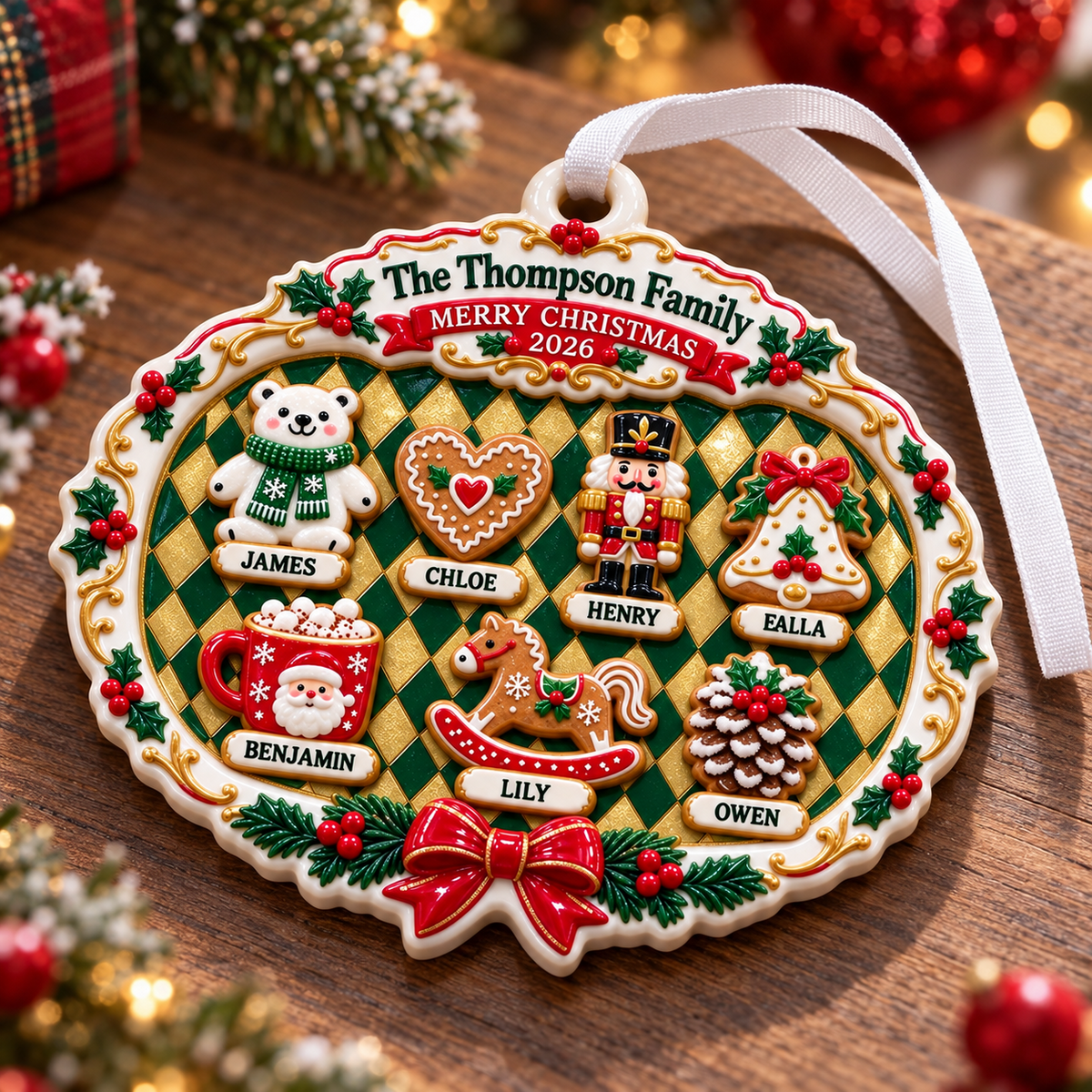 Family Christmas Plaque with Holiday Gingerbread Characters - 3D Relief Ornament