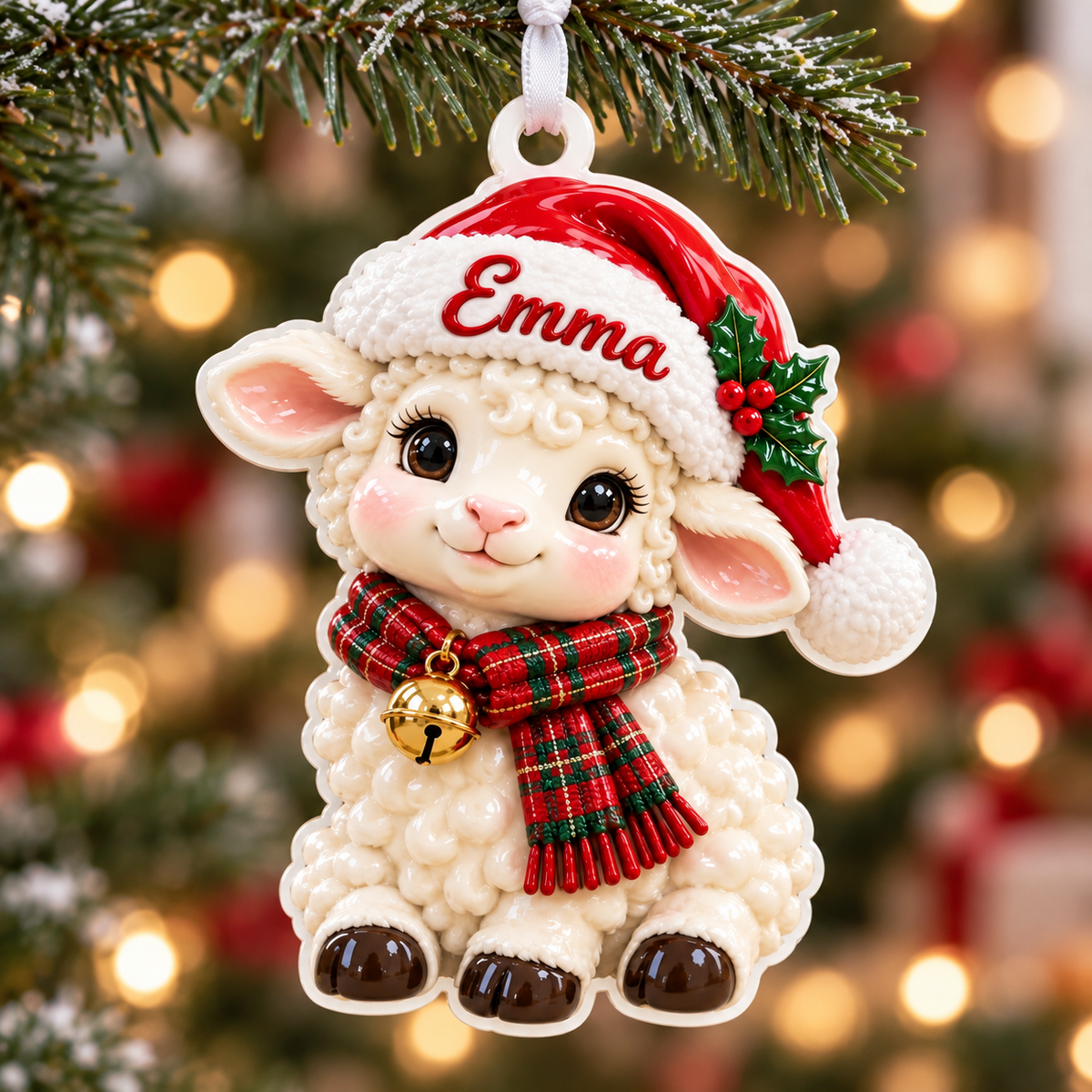 Christmas Lamb in Santa Hat Acrylic Holiday Hanging Decor - 3D Relief Ornament
