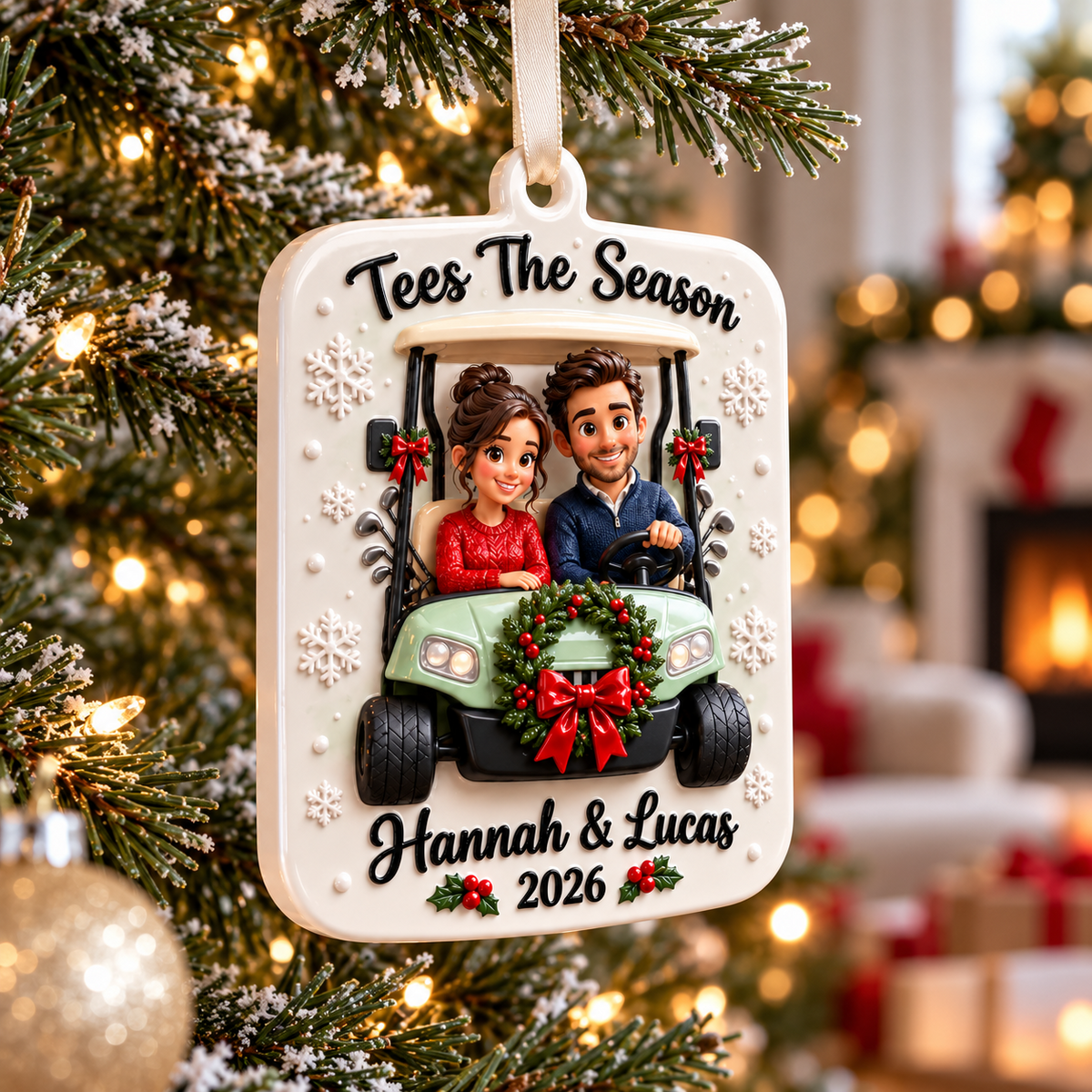 Golf Cart Couple Christmas Holiday Keepsake Plaque - 3D Relief Ornament