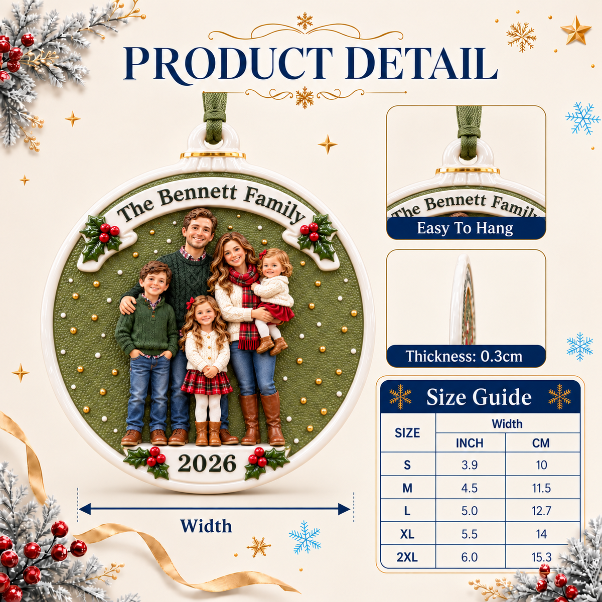 Family Portrait Ceramic Medallion with Ribbon and Holly Accents - 3D Relief Ornament