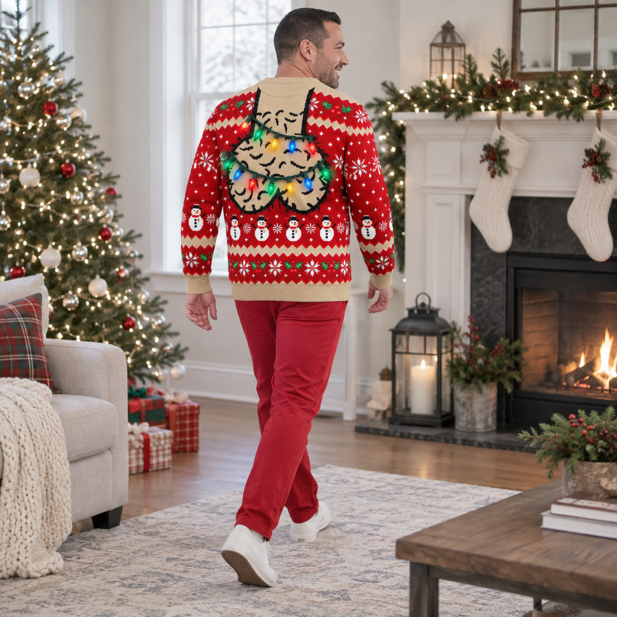 Funny Christmas Sweatshirt with Hairy Jingle Balls String Lights
