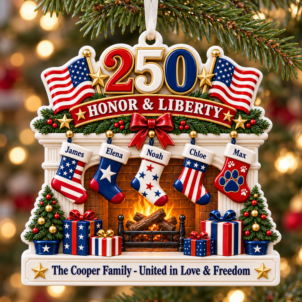 Patriotic Fireplace Christmas Tree Hanging Decor with American Flags - 3D Relief Ornament