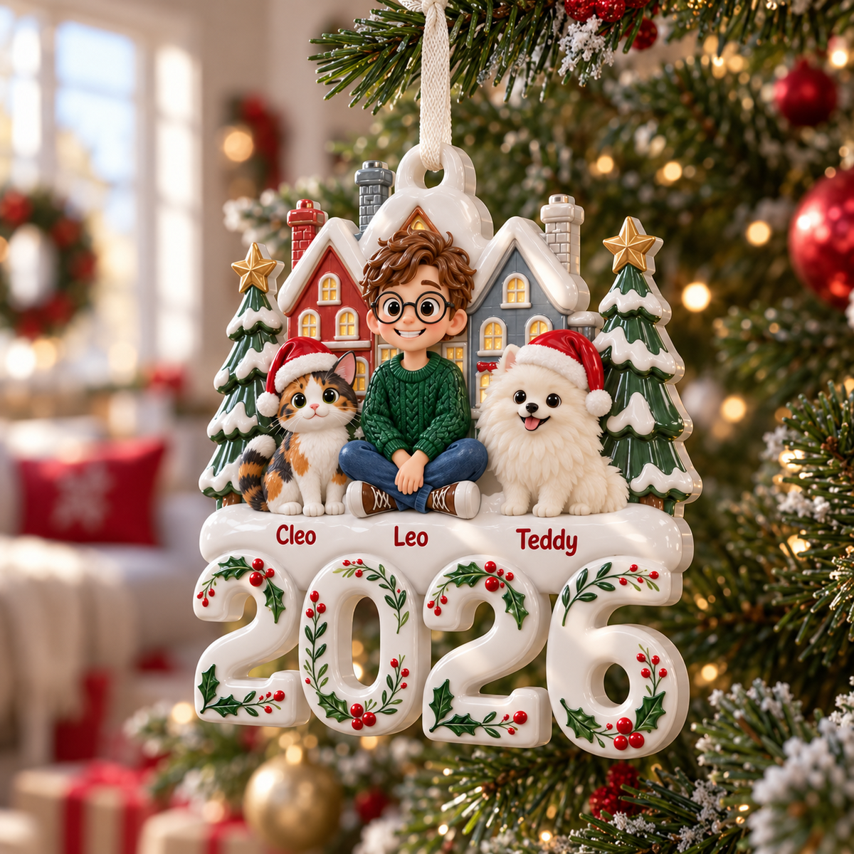 Dated 2026 Christmas Village Snowy Townhouse and Pine Tree Holiday Decor - 3D Relief Ornament