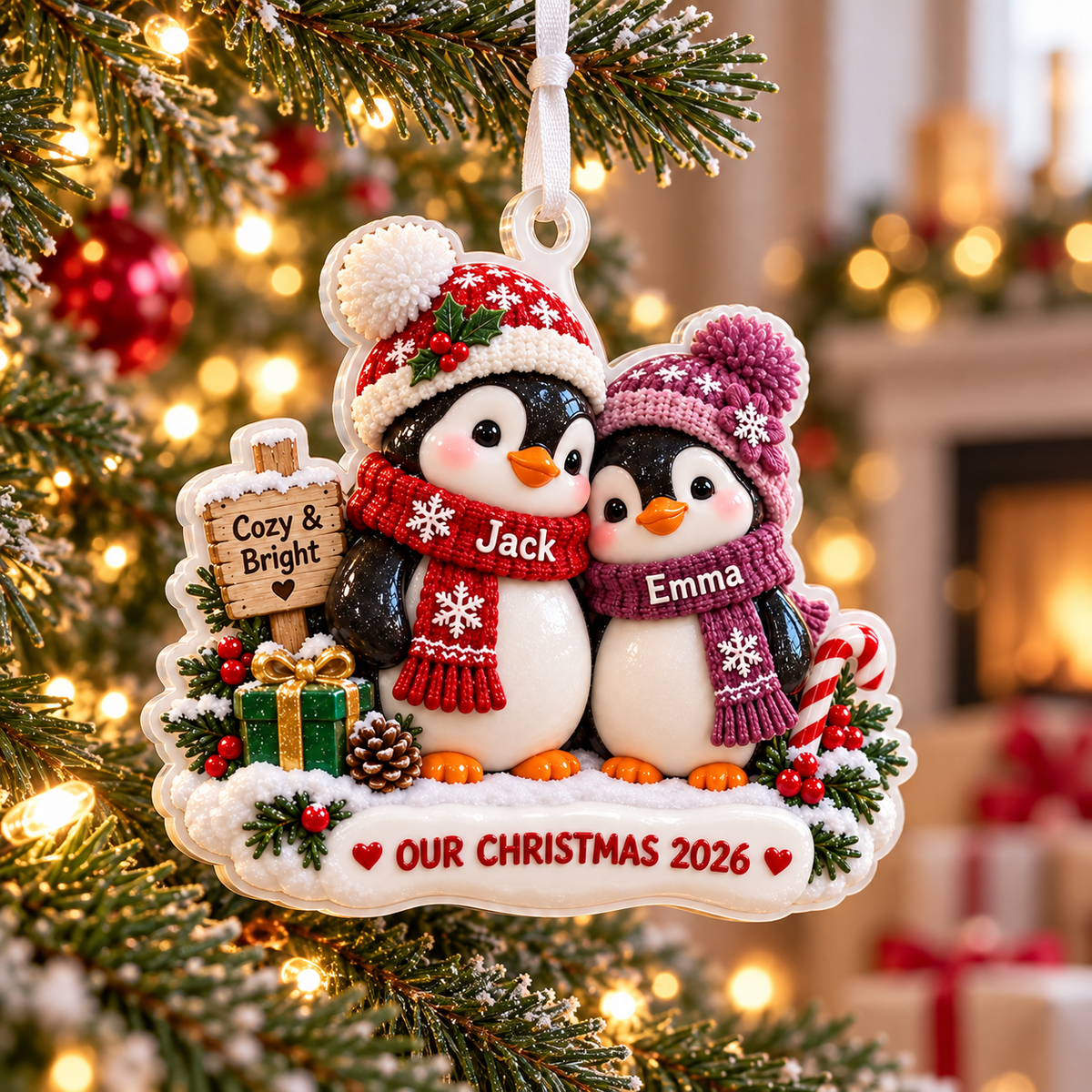 Winter Penguin Couple Holiday Keepsake with Knit Beanies and Snow Base - 3D Relief Ornament