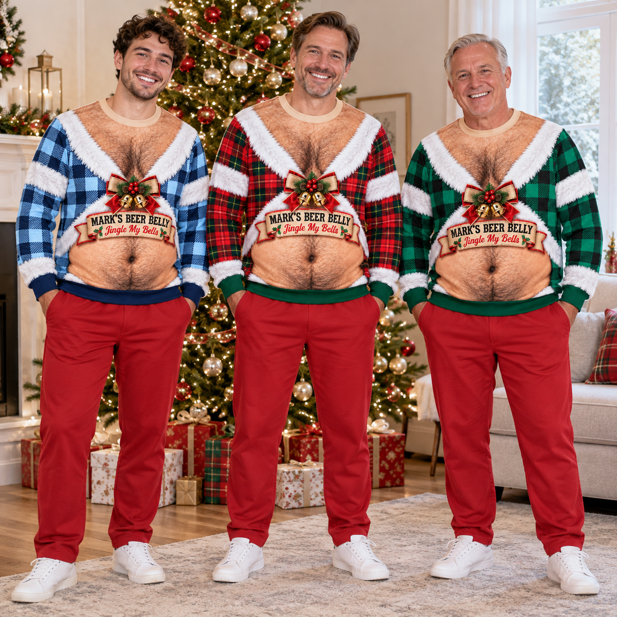 Funny Christmas Sweatshirt Hairy Chest Beer Belly Plaid Pullover