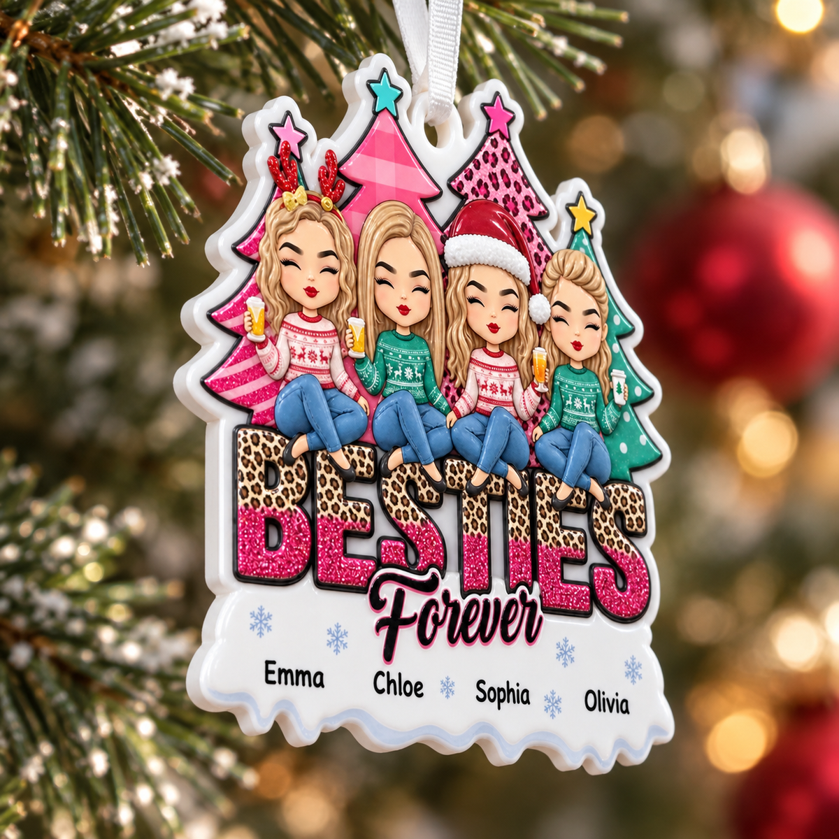 Four Friends Christmas Hanging Keepsake with Winter Holiday Trees - 3D Relief Ornament