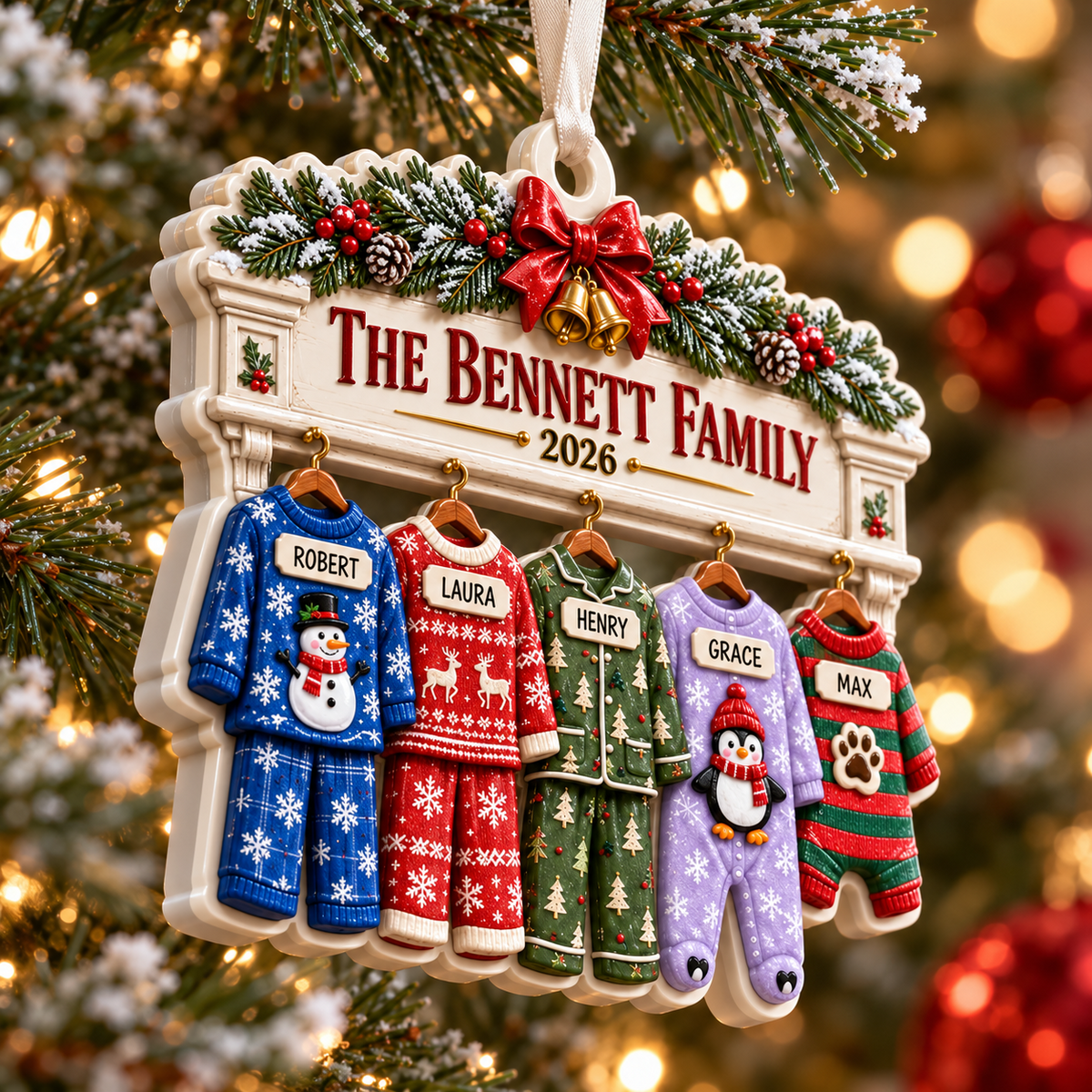 Family Pajamas Fireplace Mantle Hanging Holiday Keepsake - 3D Relief Ornament