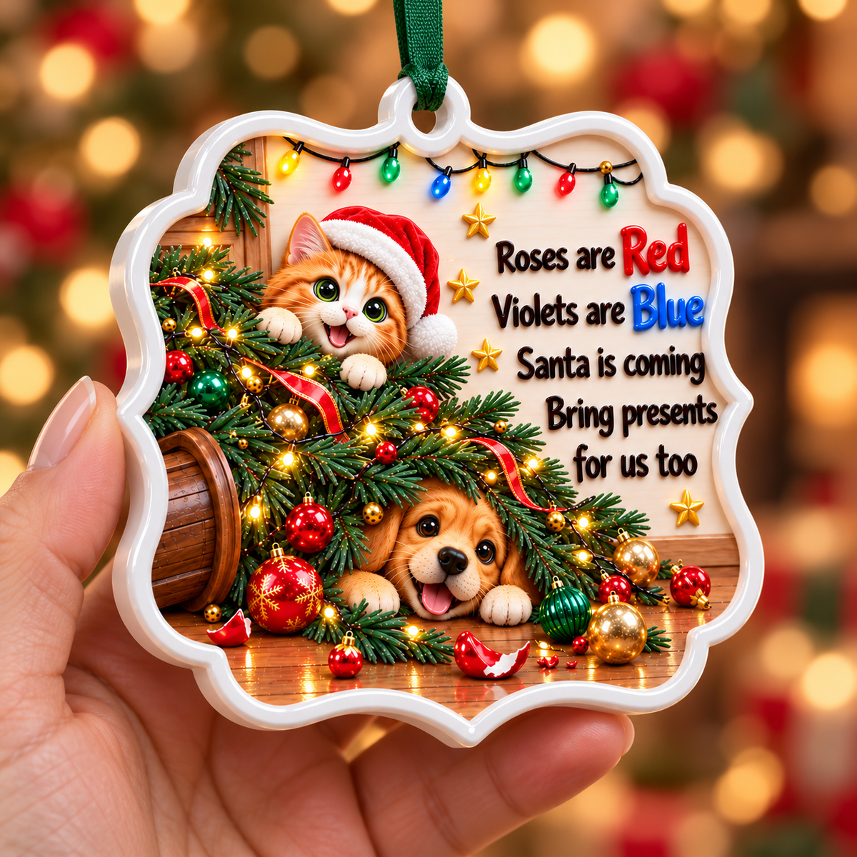 Holiday Pet Plaque Featuring Cat and Dog in Fallen Christmas Tree - 3D Relief Ornament