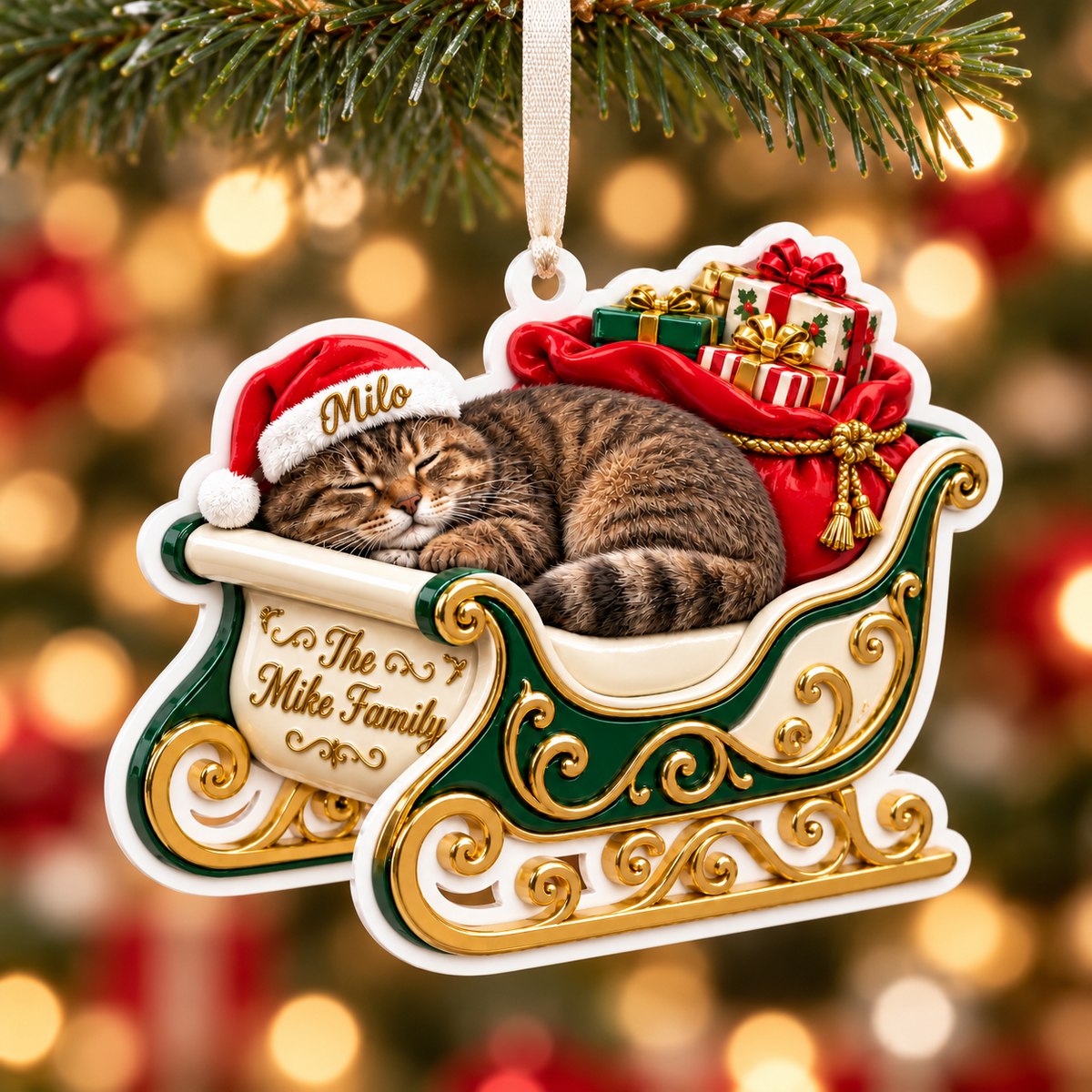 Sleeping Tabby Cat in Green and Gold Christmas Sleigh Holiday Decor - 3D Relief Ornament