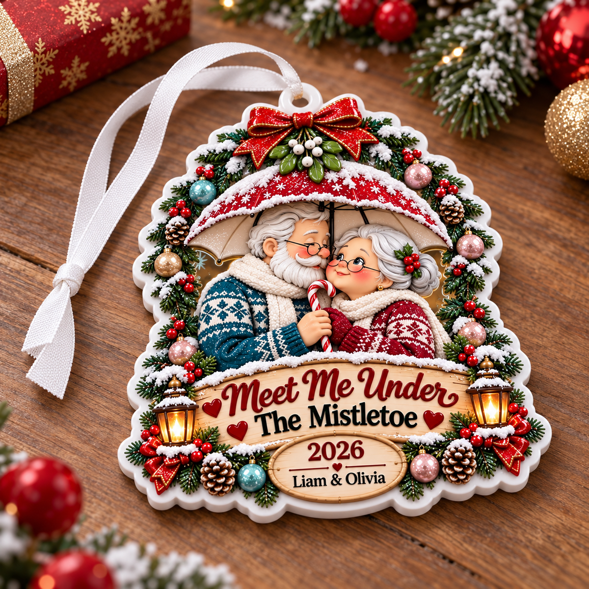 Elderly Couple Under Umbrella Holiday Tree Hanging - 3D Relief Ornament