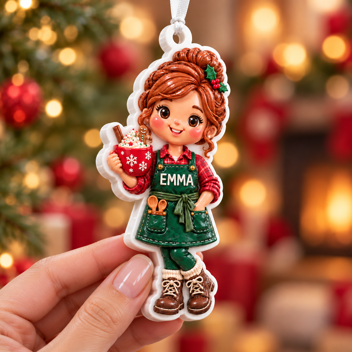 Baking Girl with Hot Cocoa and Green Apron Holiday Tree Decor - 3D Relief Ornament
