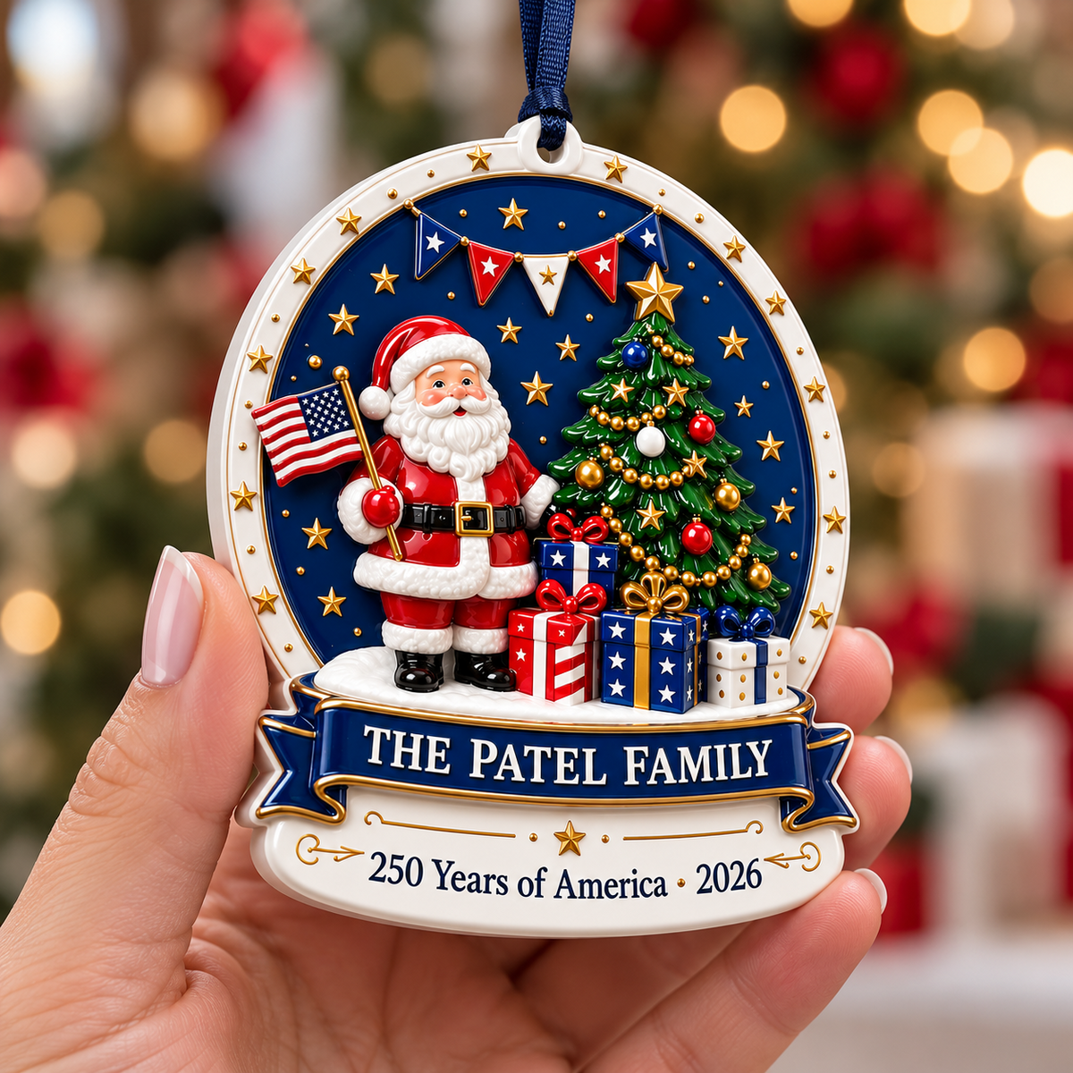 Patriotic Santa Claus with American Flag and Christmas Tree Medallion - 3D Relief Ornament