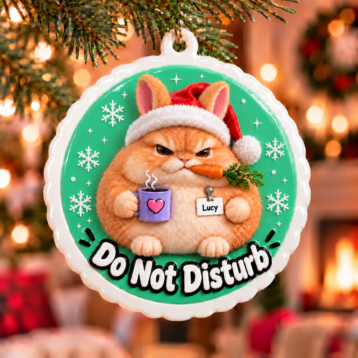 Grumpy Fluffy Bunny in Santa Hat with Coffee Cup Medallion - 3D Relief Ornament