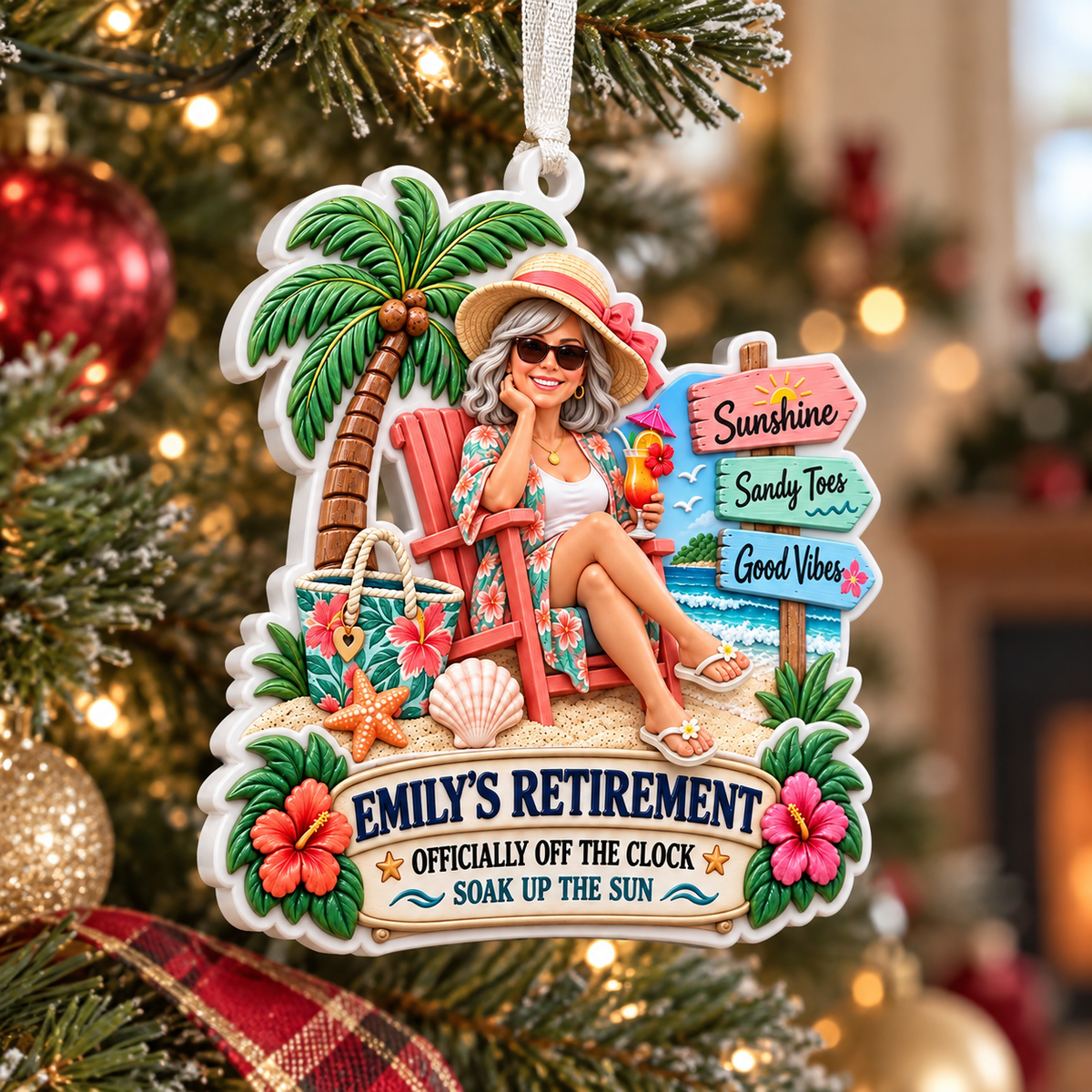 Beach Vacation Retirement Hanging Keepsake with Relaxing Woman and Palm Tree - 3D Relief Ornament