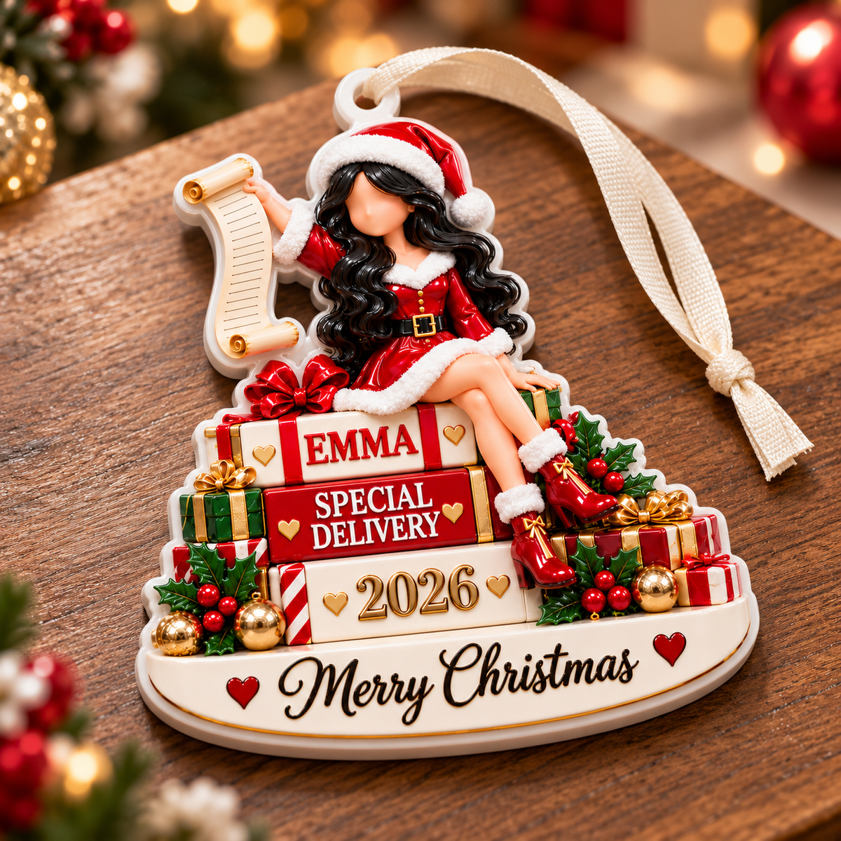 Christmas Girl on Gift Boxes Holiday Keepsake - 3D Relief Ornament