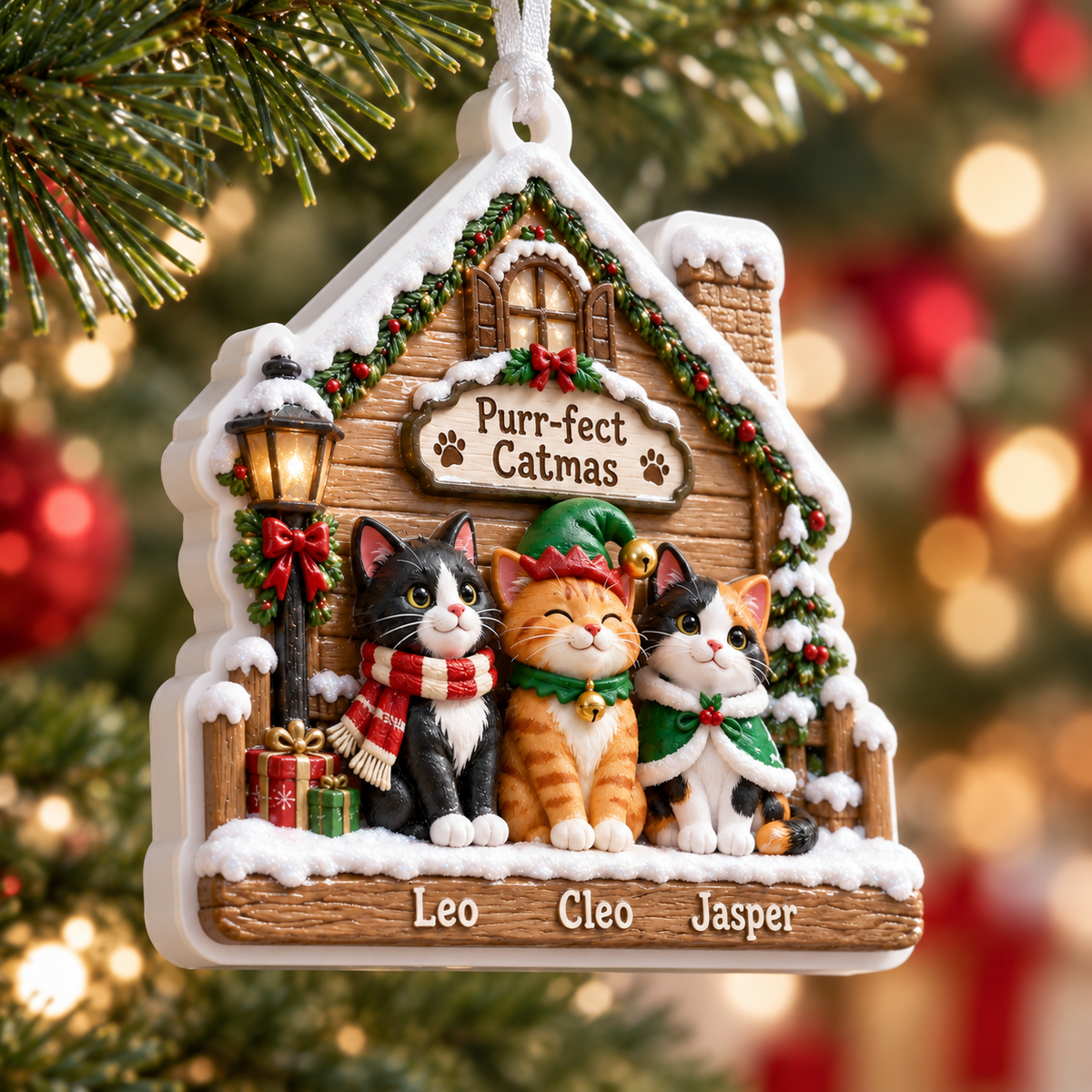 Cat Christmas Cabin Porch Holiday Keepsake Wooden Winter House - 3D Relief Ornament