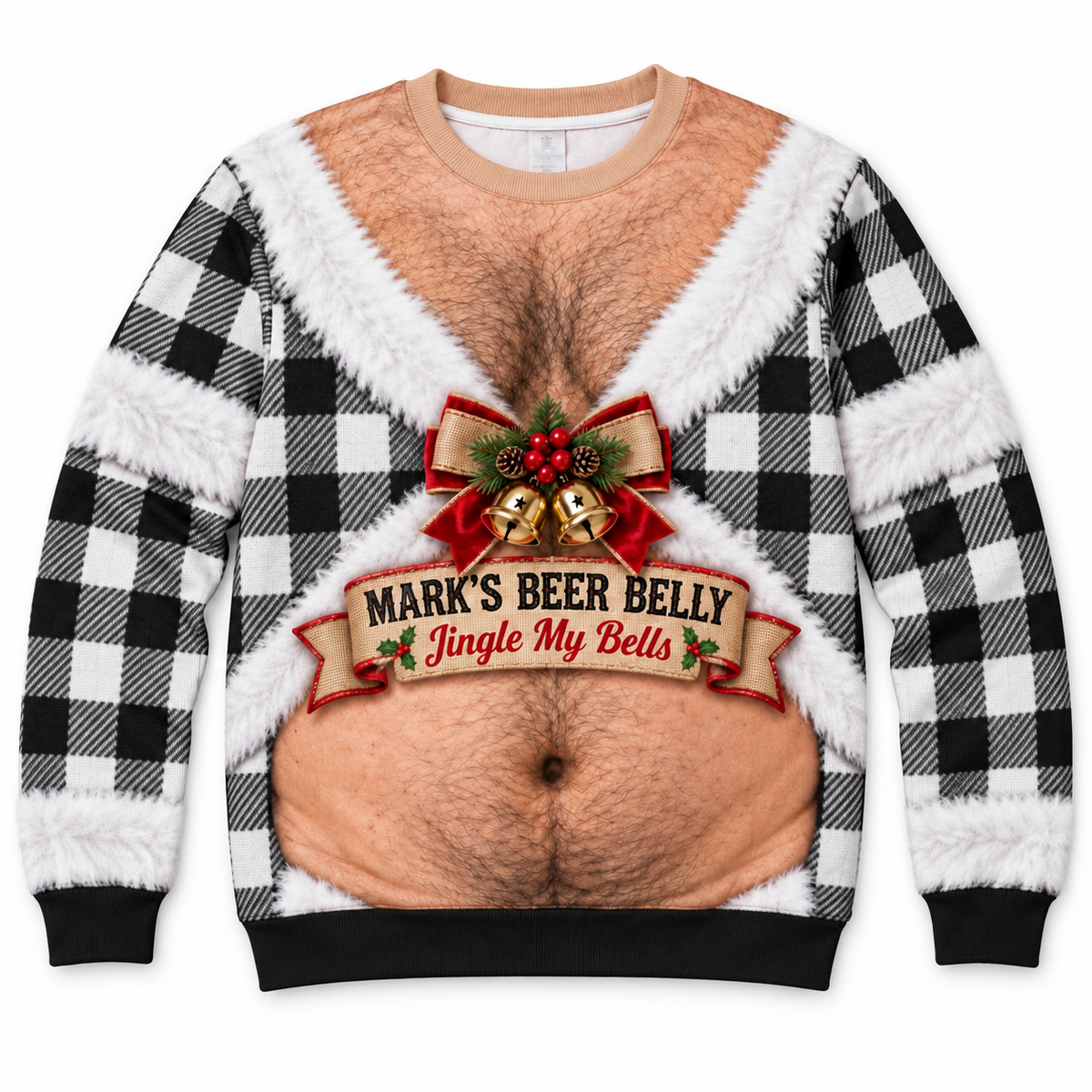 Funny Christmas Sweatshirt Hairy Chest Beer Belly Plaid Pullover