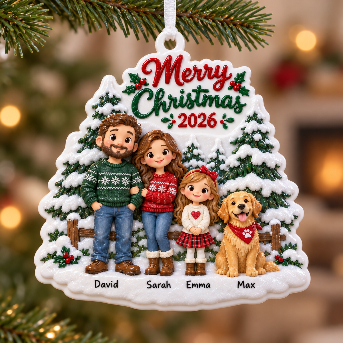 Family of Three with Dog Snowy Pine Tree Hanging Holiday Keepsake - 3D Relief Ornament