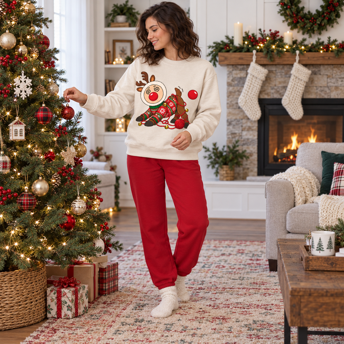 Tangled Reindeer Christmas Sweatshirt, Funny Graphic Crewneck Top