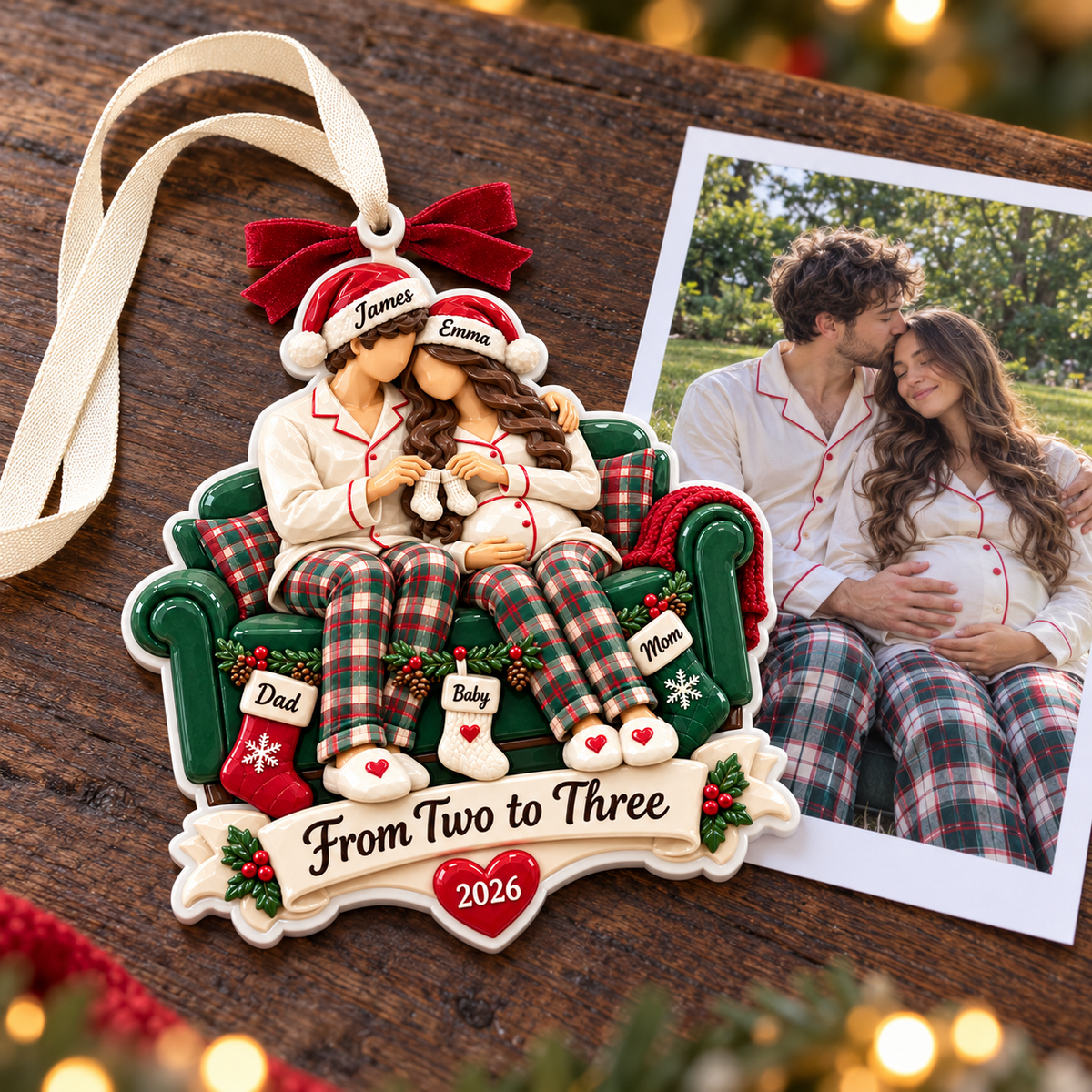 Expecting Couple on Green Couch Holiday Keepsake - 3D Relief Ornament